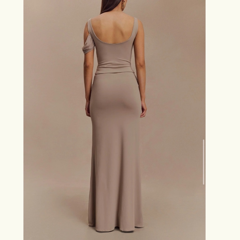 (SOLD) Meshki ~ Jules ~ Recycled Nylon And Mesh Maxi Skirt - Taupe - Picture 6 of 10